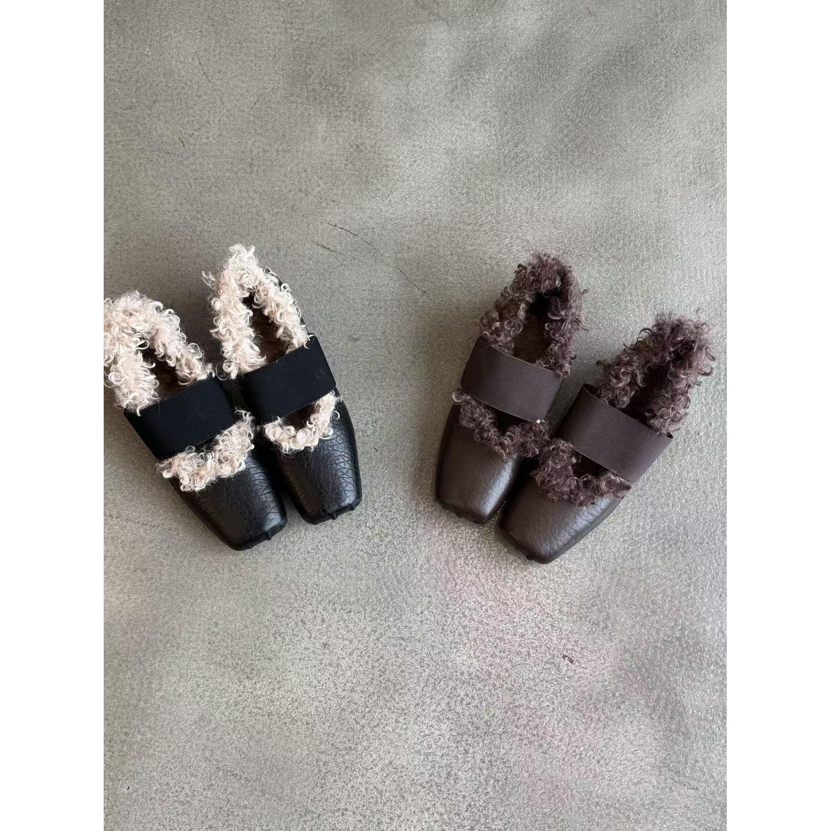 泓阳琳~内单鞋女2025冬季新款牛皮方头一脚蹬毛毛鞋玛丽珍鞋