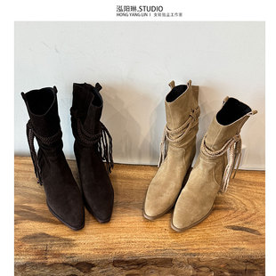 爆款 泓阳琳 新款 2025冬季 粗跟圆头西部靴 棕色流苏中筒靴子女款