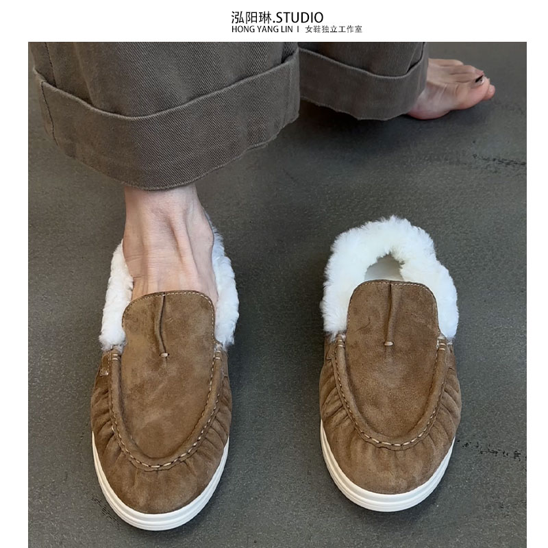 ~真皮雪地棉鞋女冬季加绒加厚毛毛鞋一脚蹬毛绒乐福鞋子