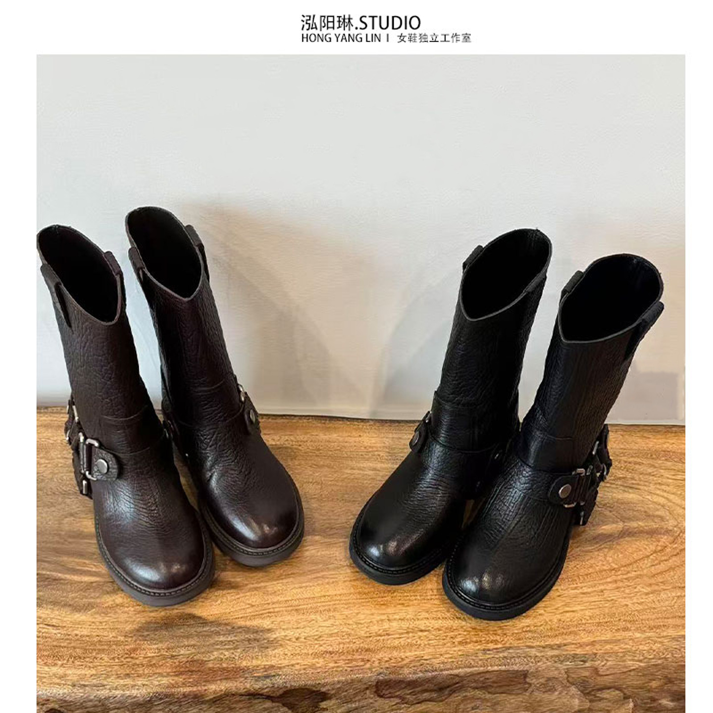 泓阳琳~棕色小短靴马丁骑士靴