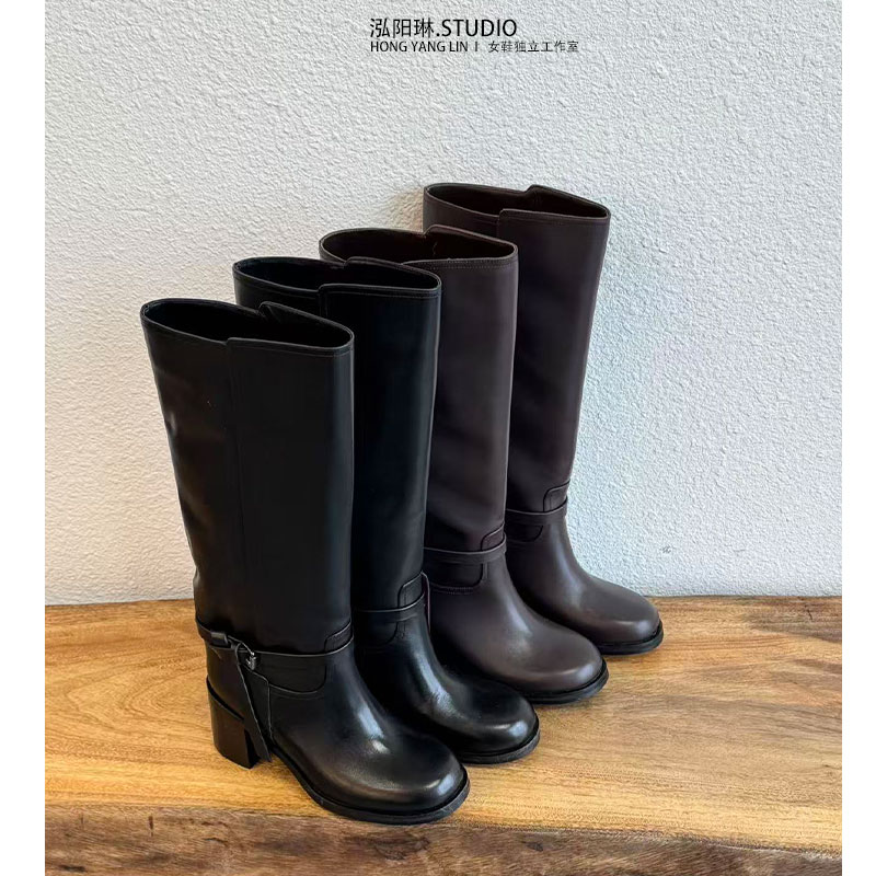 泓阳琳~复古圆头骑士靴女2025冬新款真皮长靴英伦风套筒高筒靴