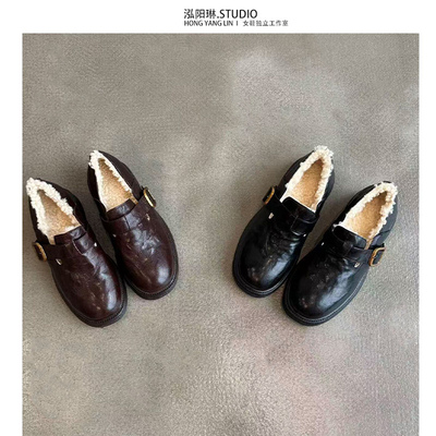 泓阳琳~羊皮毛一体加绒保暖平底单鞋秋冬乐福鞋休闲一脚蹬棉鞋女