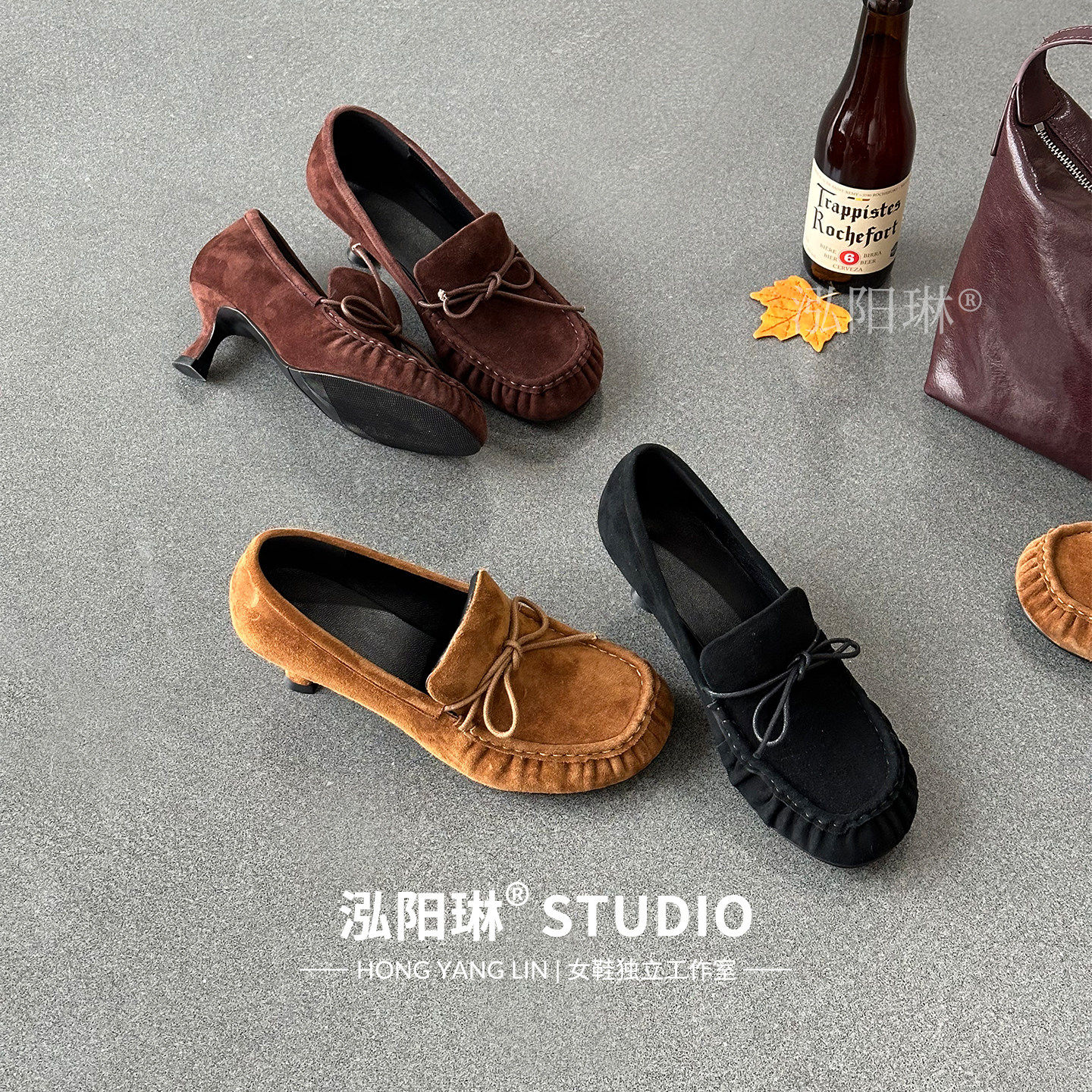 泓阳琳～棕色小猫跟细跟单鞋女2026春季新款蝴蝶结复古豆豆高跟鞋,女鞋,深口单鞋,淘宝优惠券,粉丝福利购,淘宝优惠卷