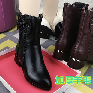 靴子女中筒靴真皮低跟棉鞋女冬中老年加绒短靴马丁靴羊毛一体女靴