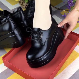 单鞋女真皮圆头深口小个子系带皮鞋女厚底高跟软皮坡跟增高松糕鞋