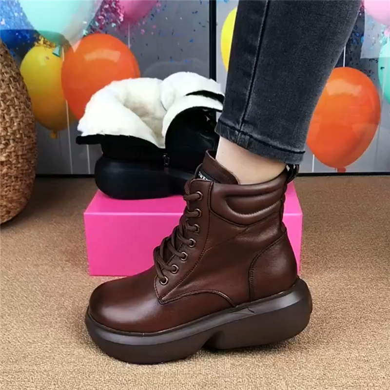 复古厚底短靴真皮棉鞋