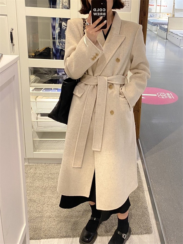 双面羊毛大衣女中长款2025年秋冬新款韩版西服款系带长袖毛呢外套