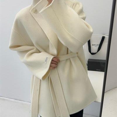 立领双面羊毛大衣女短款小个子25年秋冬新款韩版宽松系带毛呢外套