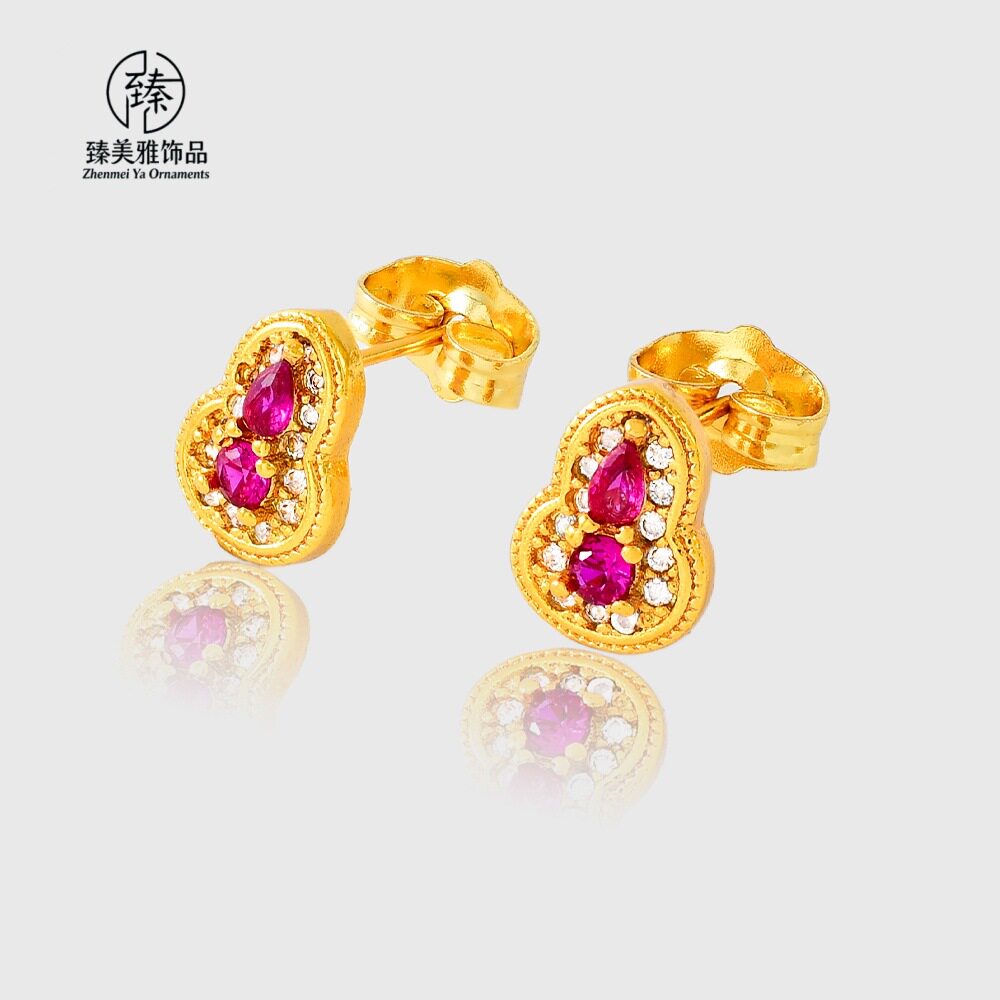 黄铜镀金玫红色镶钻葫芦耳钉女款新中式轻奢葫芦耳钉镀金工艺