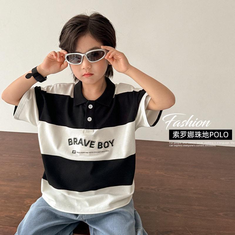 海妈家2026夏季新款男童韩版洋气条纹短袖T恤夏装POLO衫潮范儿童