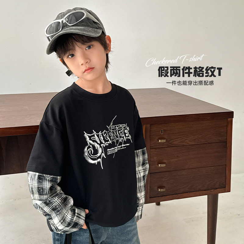 男童春季春装儿童童装假两件长袖T恤韩版上衣潮韩版百搭黑色卫衣