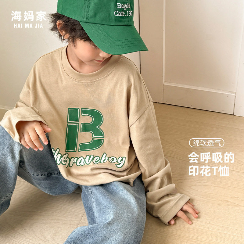 海妈家男童字母印花长袖T恤儿童韩版2026春秋新款春装纯棉衣服潮