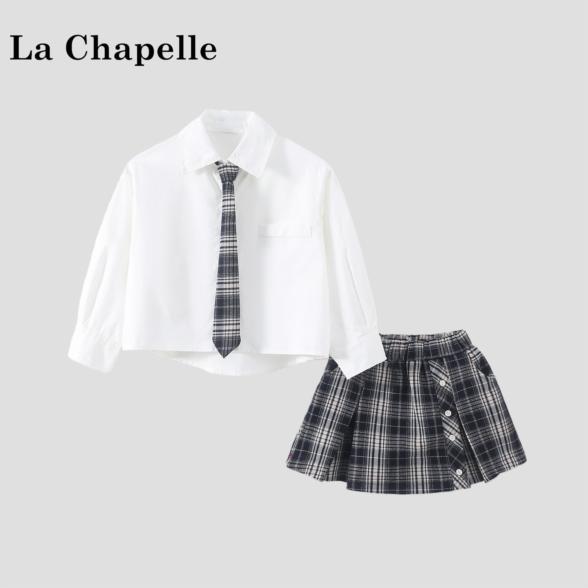 拉夏贝尔女童学院风jk套装2026新款儿童春装衬衫格纹百褶裙两件套