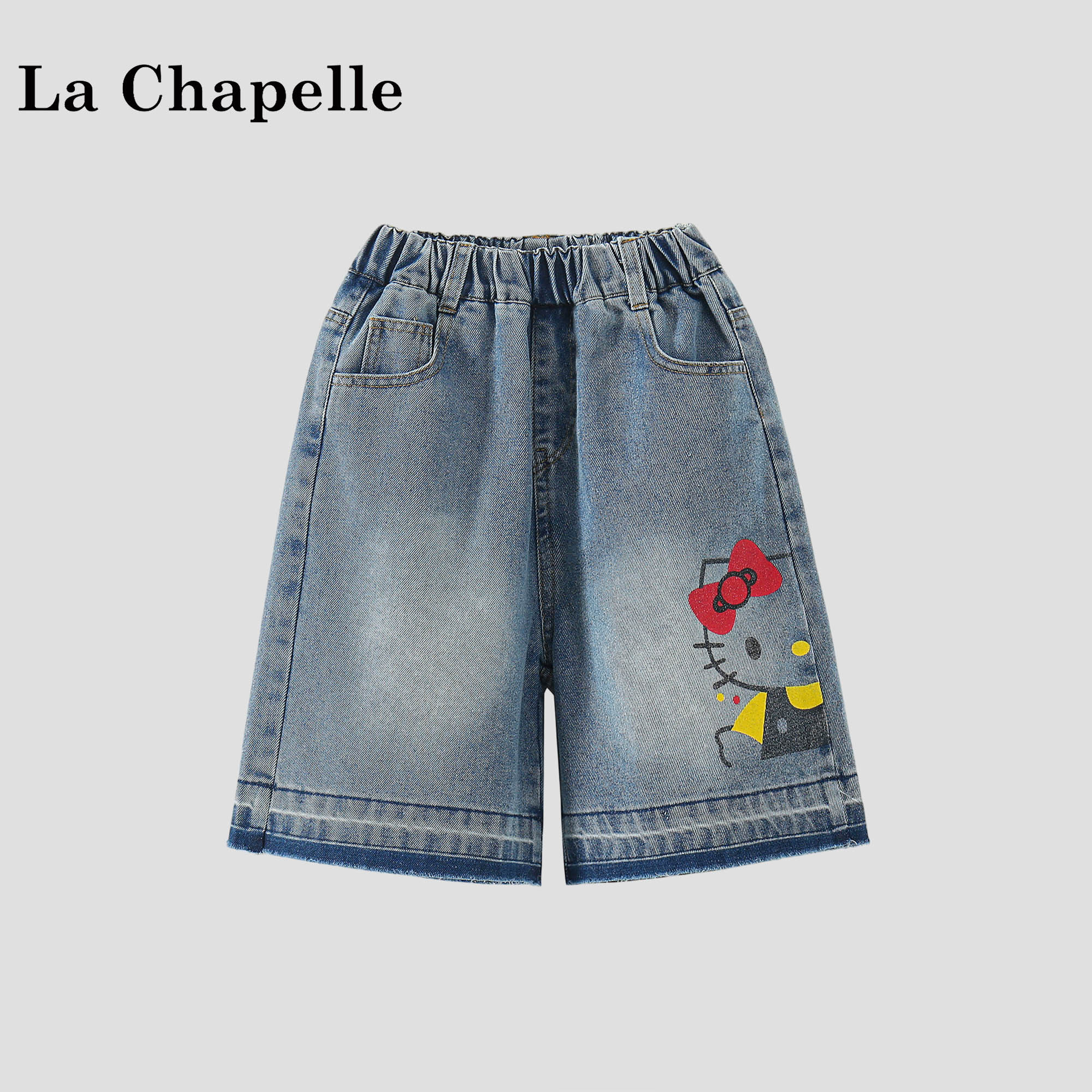 拉夏贝尔女童牛仔短裤2026新款夏季裤子儿童卡通猫咪印花牛仔裤