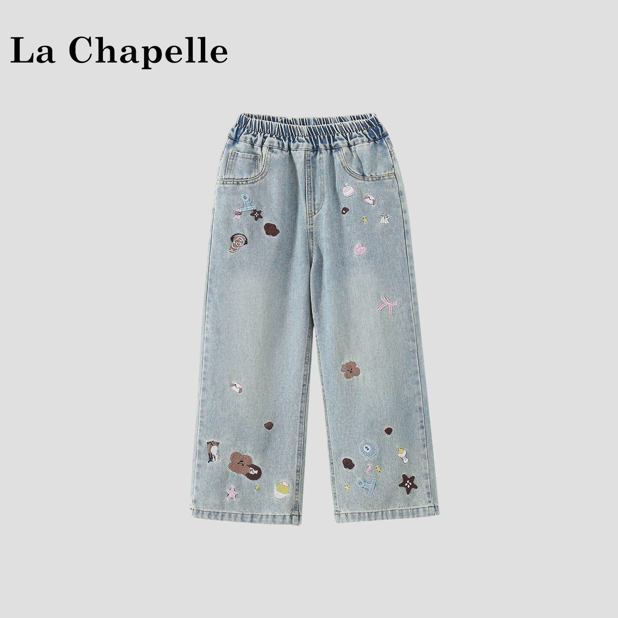 拉夏贝尔女童裤子2026新款大童卡通刺绣直筒裤儿童宽松百搭牛仔裤