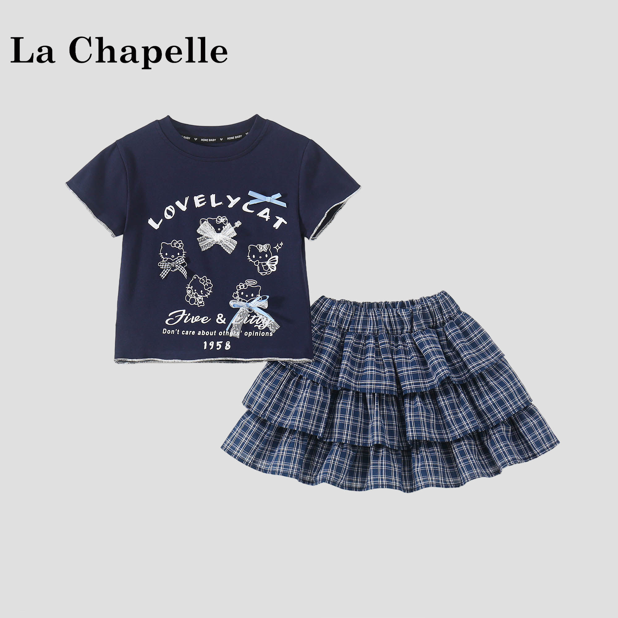 拉夏贝尔女童套装2026新款洋气夏装儿童卡通T恤格纹半身裙两件套