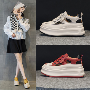 2026春夏新款真皮女鞋松糕厚底时尚内增高运动休闲鞋学生镂空凉鞋