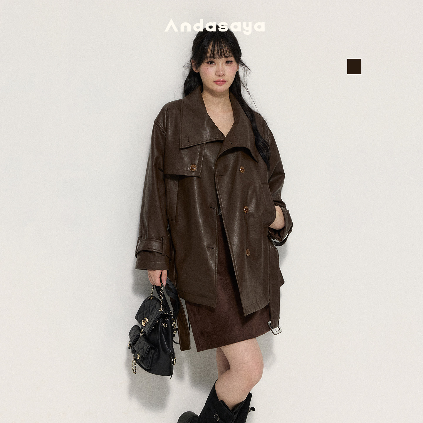 Andasaya 皮衣女款2026新款翻领高品质系带设计感洋气秋季外套
