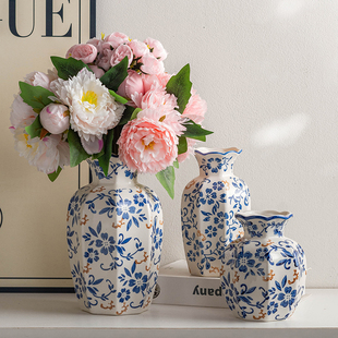 高级摆件青花瓷陶瓷中式家居花瓶复古客厅玄关鲜花插花装饰品