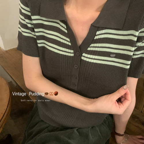 pudding布丁家-被好多人夸夸条纹v领小亮标设计不挑人针织衫1313