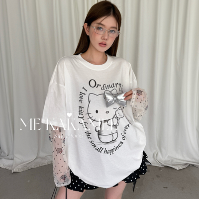 ME KAKAMEE-拼接波点KT防晒网纱袖长袖T恤(配可拆卸蝴蝶结)S5023