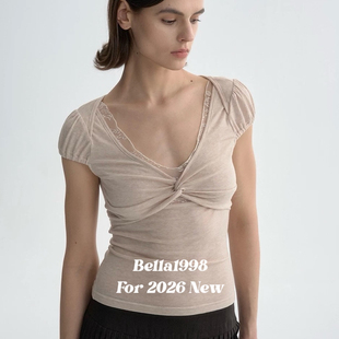 小衫 bella1998 显瘦辣妹正肩短袖 温柔蕾丝拼接纯欲修身 81137 法式