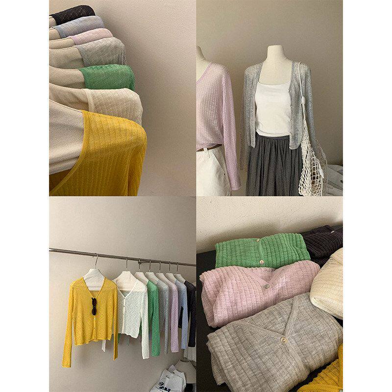 夏季B备 冰爽v领竹节麻针织开衫女长袖别致chic薄空调衫上衣213