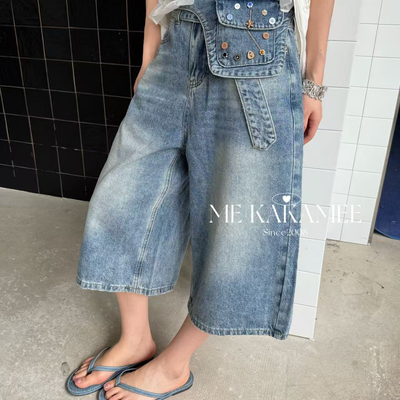 ME KAKAMEE-子可拆卸腰包设计感冼水7分牛仔裤(配腰包腰带)C0775