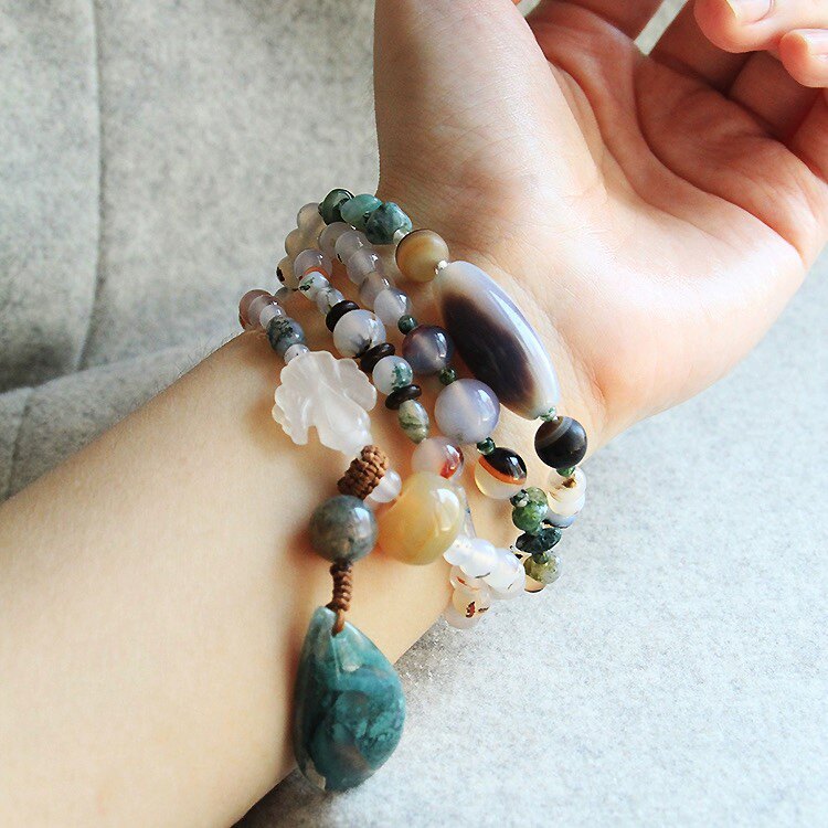 《翠海》天然水草玛瑙吊坠 手链 白玉髓花草玉髓手串多圈原创