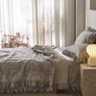 尖货！雨露亚麻空调夏被优雅印花床盖枕套荷叶边薄被子可配四件套