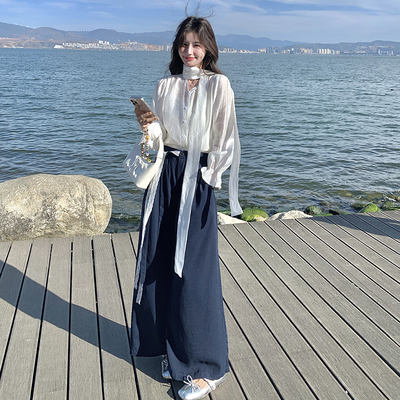 大曼曼家系带衬衫+蕾丝绑带藏青色裤子真两件套