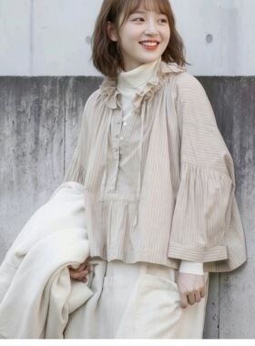 日系上新nest robe棉麻条纹短款衬衫2026新款复古可叠穿减龄衬衣