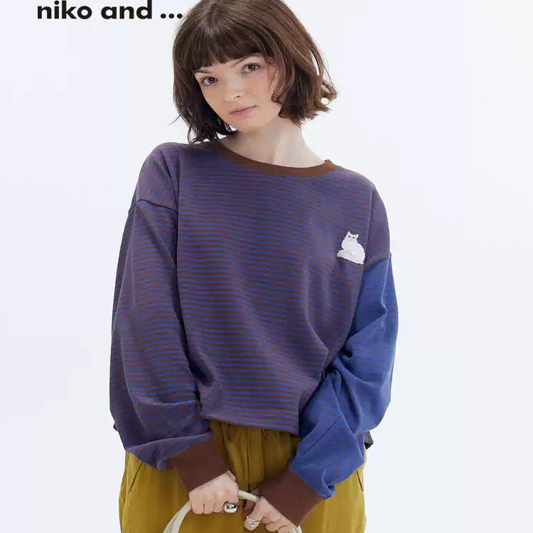日系妮蔻家2026春季新品上衣休闲风条纹棉质刺绣撞色圆领长袖T恤 - 实物图