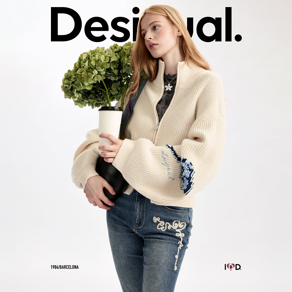 Desigual26秋冬新品宽松廓形撞色玫瑰提花立领女式针织开衫外套