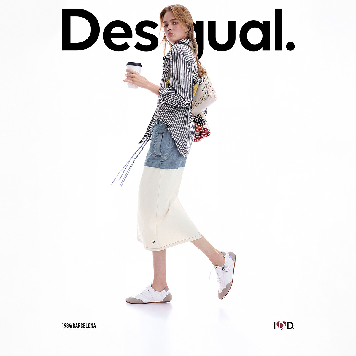 Desigual26秋冬新品牛仔撞色拼接工装抽绳半身裙