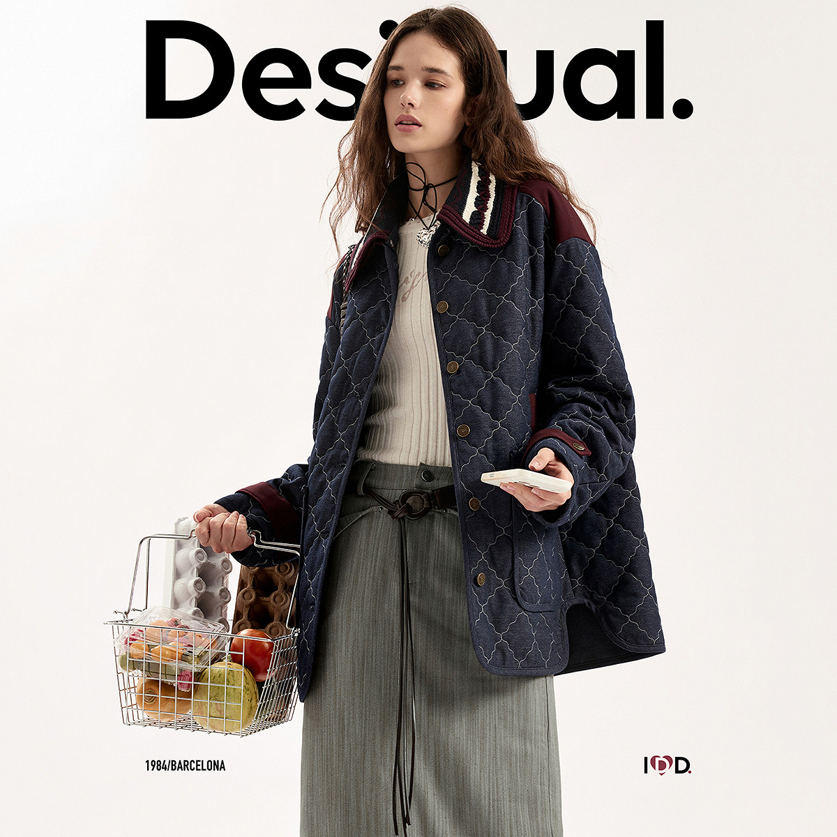 Desigual26秋冬宽松可拆卸针织领女式撞色仿牛仔夹棉衬衫外套