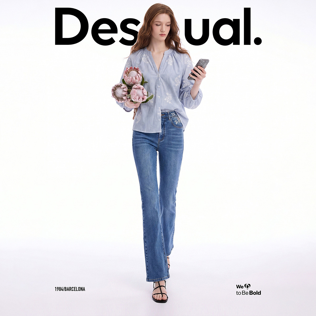 Desigual【博主同款】条纹绣花V领泡泡袖宽松女式衬衫棉衬衣图片