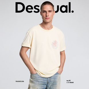 Desigual26秋冬新品宽松复古涂鸦印花毛边拼接圆领短袖男式T恤
