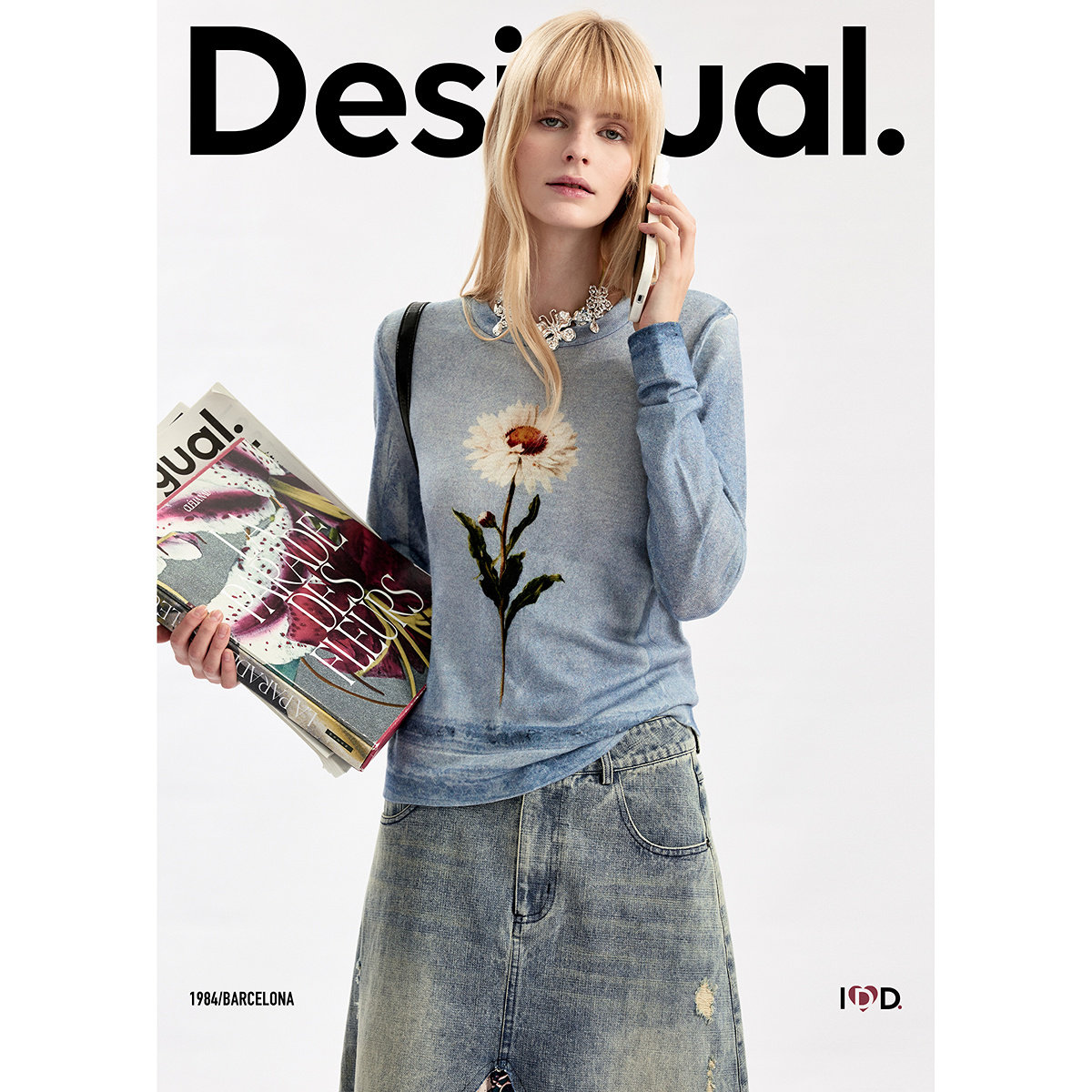 Desigual26秋冬新品做旧蓝雏菊印花修身长袖打底女式羊毛衫