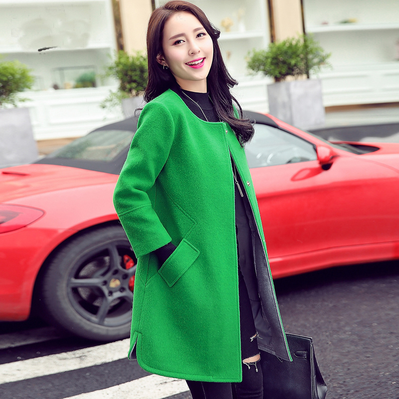 2021秋冬新款女装韩版毛呢外套女中长款修身显瘦圆领呢子大衣大码