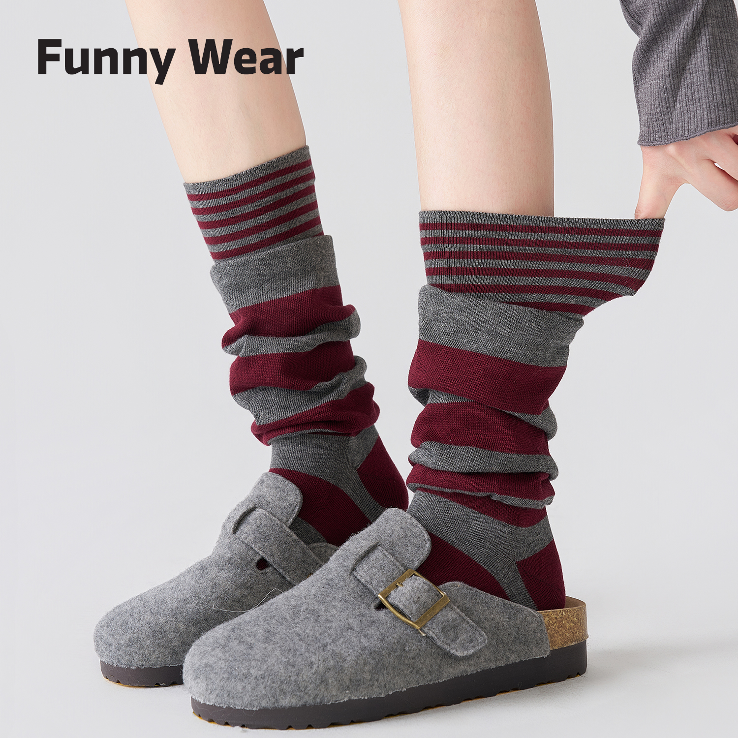 假两件袜子女堆堆袜设计感条纹拼接中筒棉袜宽口显瘦安可拉红叠穿