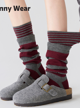 假两件袜子女堆堆袜设计感条纹拼接中筒棉袜宽口显瘦安可拉红叠穿