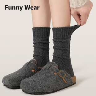 麻花羊毛袜子女秋冬季 羊绒堆堆袜加厚保暖中筒袜灰色长袜配勃肯鞋