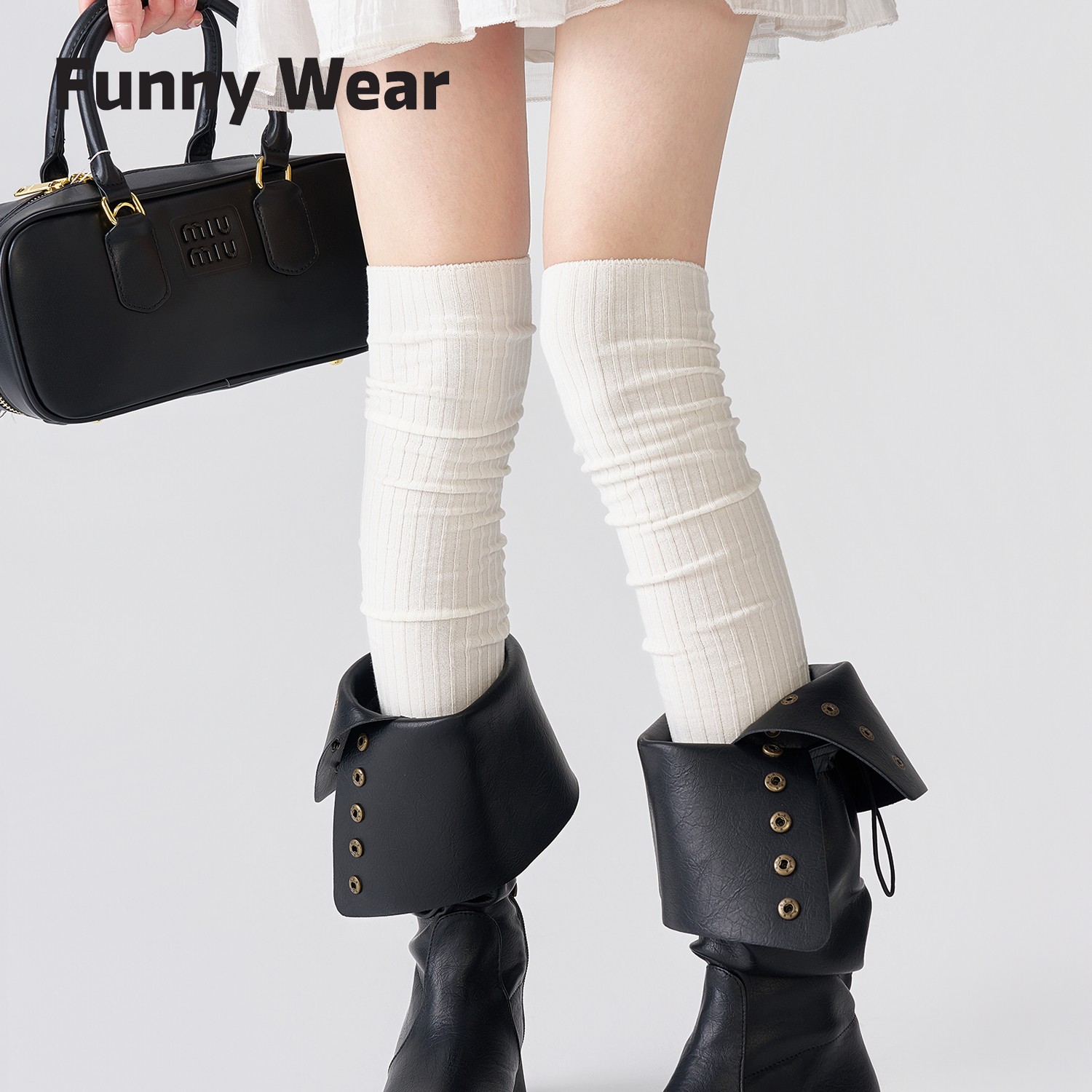 白色过膝袜配靴子袜子女堆堆袜秋冬竖条纹显瘦纯色高筒长筒小腿袜