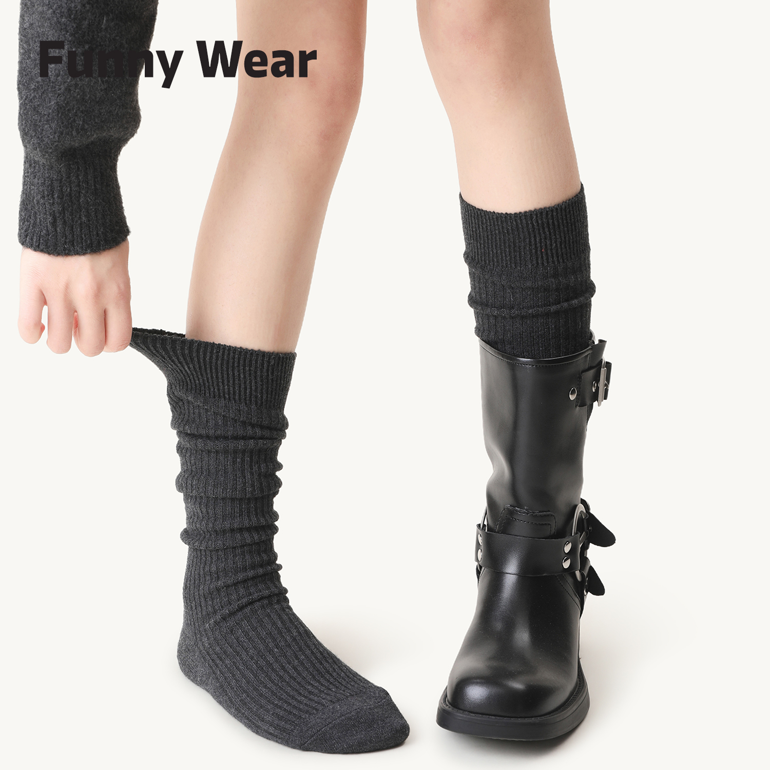 灰色羊毛小腿袜女配靴子冬季加厚保暖堆堆袜子纯色竖条纹显瘦长袜