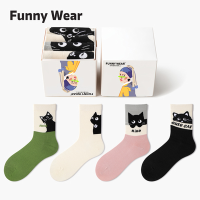 袜子女秋冬中筒袜可爱猫咪无骨袜