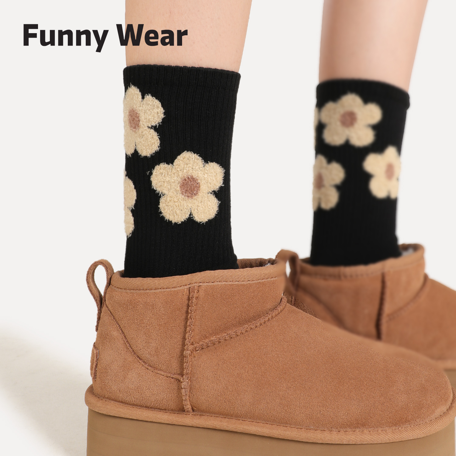 袜子女秋冬季条纹中筒袜小熊棉袜