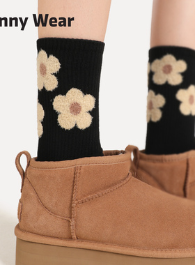 袜子女款秋冬季条纹中筒袜可爱小熊棉袜蝴蝶结笑脸长袜配雪地靴袜