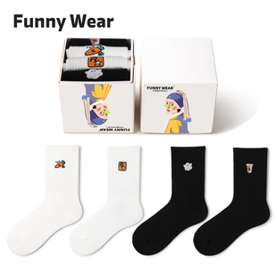 袜子女款 卡通刺绣中筒袜ins潮学院运动风简约百搭棉长袜 春秋新款