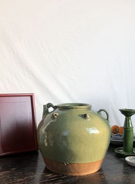 孤品民国紫砂绿釉四耳酒罐花器中式客厅民宿茶室摆件装饰空间陈设